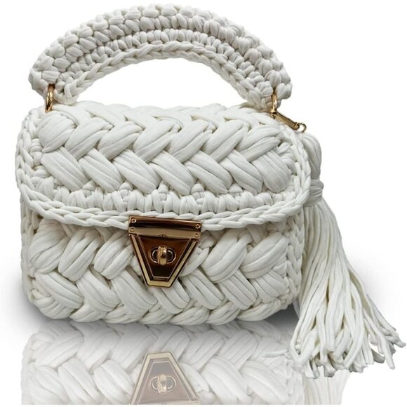 Women's Handmade Crochet White Evening Small Formal Flap Clutch Crossbody Bag - Picture 1 of 7